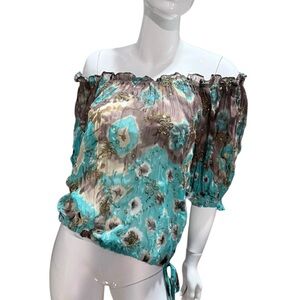 Vintage Fairycore green gold sequin Floral Women's‎ Top festival whimsey